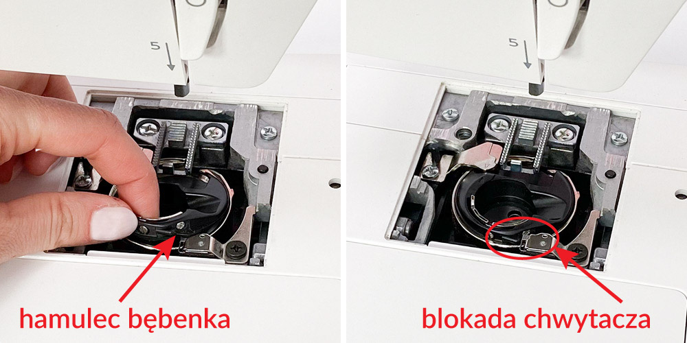 Zakładanie uchwytu szpulki - bębenka w maszynie do szycia
