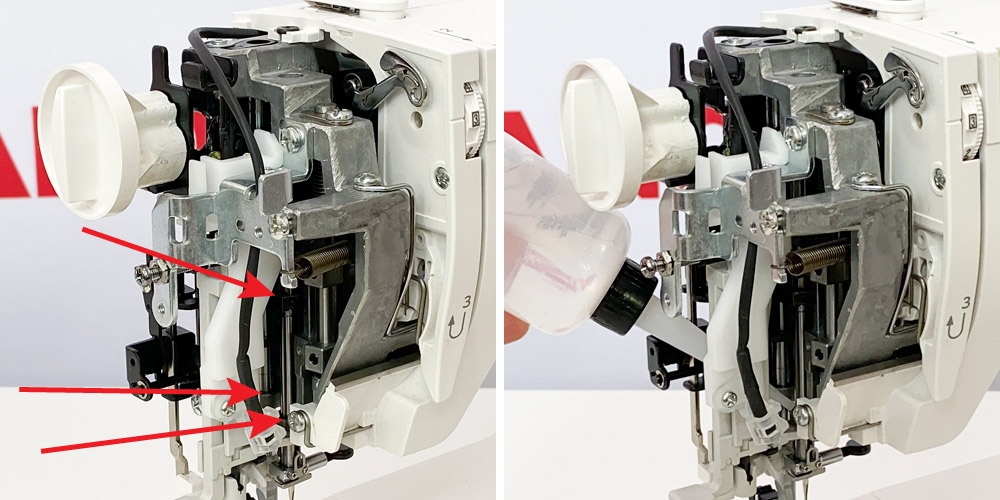 Oliwienie igielnicy podczas czyszczenie maszyny do szycia