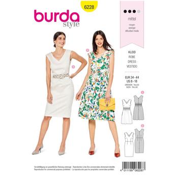  Wykrój krawiecki BURDA na sukienkę z dekoracyjnym marszczeniem, sukienkę ołówkowa z dekoltem w szpic, fig. 1 