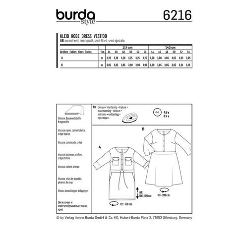  Wykrój krawiecki BURDA na sukienkę z zapięciem z przodu na guziki oraz panelem w talii, fig. 6 